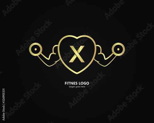 Fototapeta the letter X logo and the gym logo. the combination of the letter X and the hand holding barbell design. gold texture. Modern template. unique, simple and luxurious. for cards and graphic design.