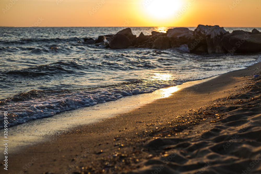 Rocky seashore of Elia Nikiti in sunset, Chalkidiki, Greece