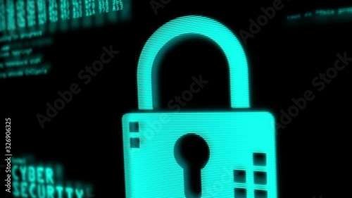 Display screen with cyber security symbols, digital protection, cyberspace, computer safety, firewall with padlock 3d rendering abstract concept animation. Icon background with glitch and noise.