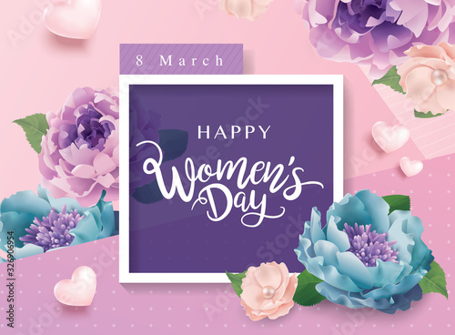 Happy Women's Day poster design with beautiful blossom flowers