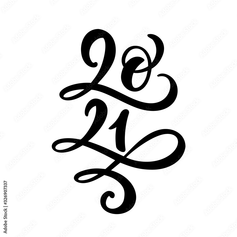 Fototapeta premium Vector calligraphic 2021 text. Christmas and Happy New Year concept design with calligraphy brush text on white background. Hand drawn lettering