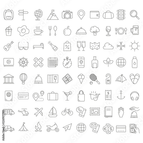 Set of vector line icons and symbols in flat design travel with elements for mobile concepts and web apps. Collection of travelling icons for infographic, logo, website, catalog, blog, typography.