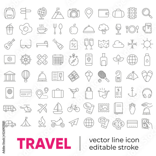 Set of vector line icons and symbols in flat design travel with elements for mobile concepts and web apps. Collection of travelling icons for infographic, logo, website, catalog, blog, typography.