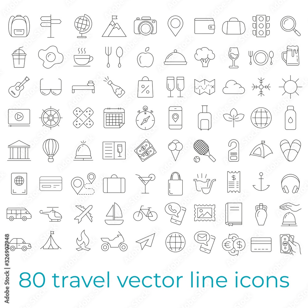 Set of vector line icons and symbols in flat design travel with elements for mobile concepts and web apps. Collection of travelling icons for infographic, logo, website, catalog, blog, typography.