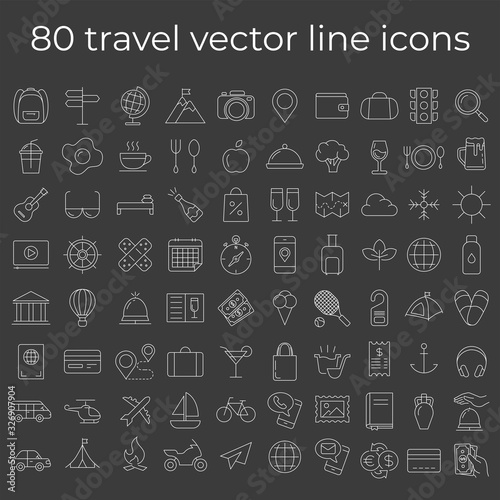 Set of vector line icons and symbols in flat design travel with elements for mobile concepts and web apps. Collection of travelling icons for infographic, logo, website, catalog, blog, typography.