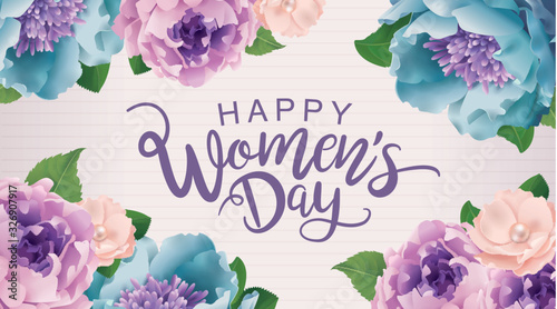Fototapeta Happy Women's Day poster design with beautiful blossom flowers