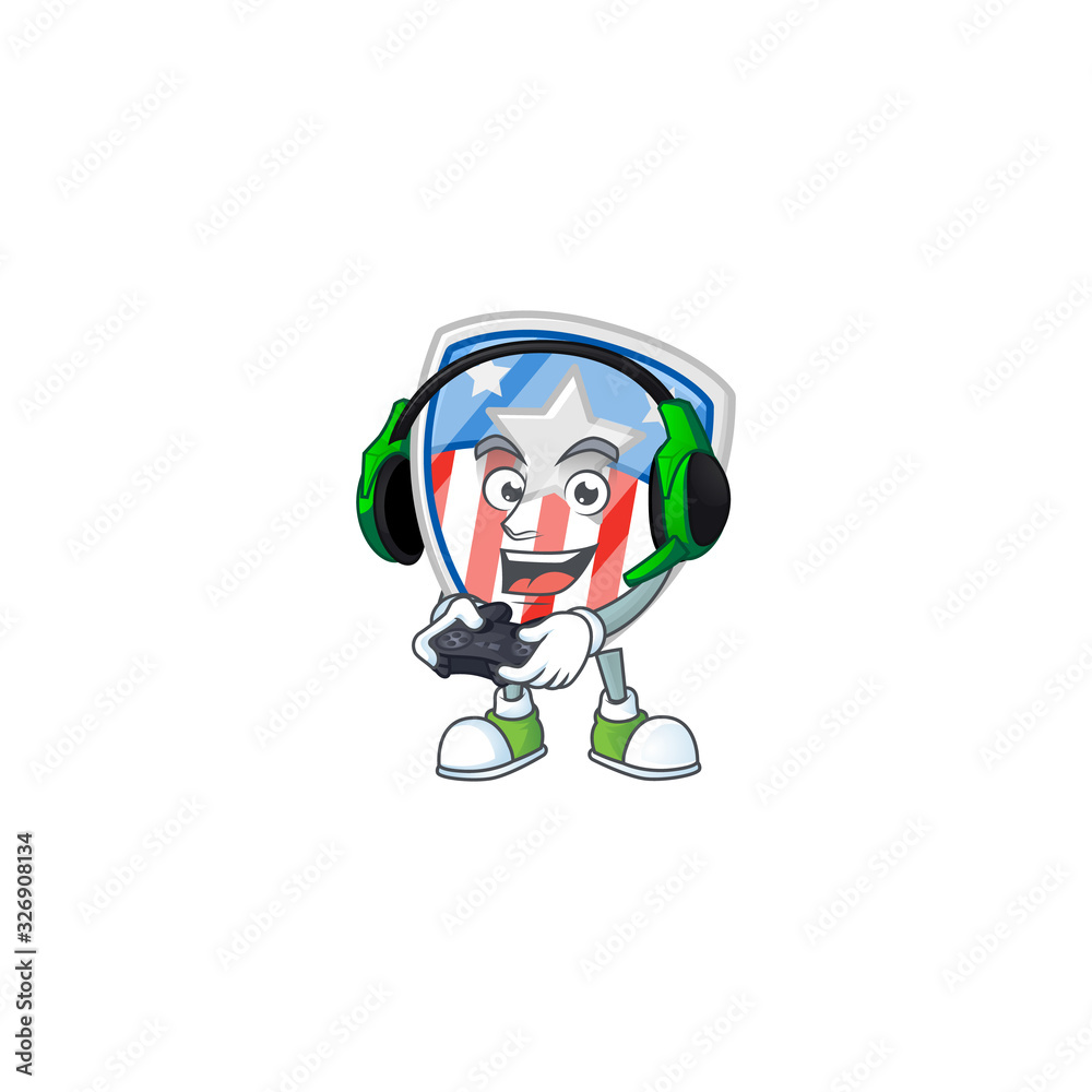 Shield badges USA with star cartoon picture play a game with headphone and controller Shield badges USA with star cartoon picture play a game with headphone and controller