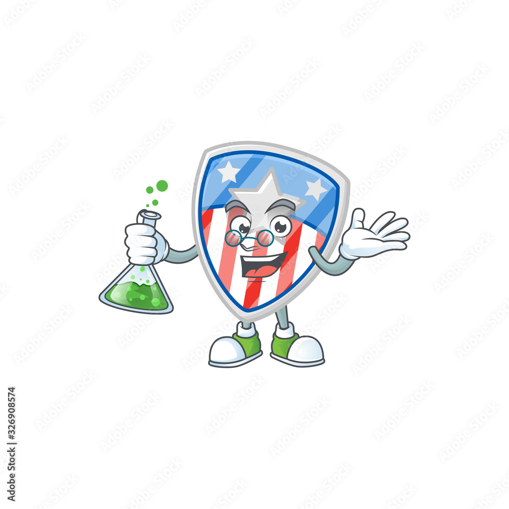 A genius Professor shield badges USA with star cartoon character with glass tube