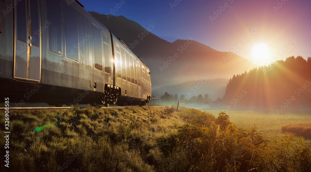 Railway and train in the Alpes at sunrise - obrazy, fototapety, plakaty 