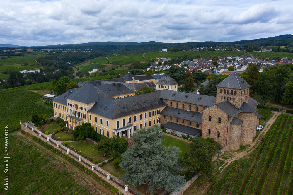 Blick von oben auf die Weinberge nahe Johannisberg/Deutschland und das Schloss Johannisberg