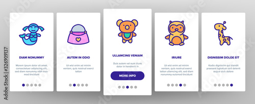 Doll Children Toys Onboarding Icons Set Vector. Playing Doll And Bear, Castle And Bag, Air Balloon And Mirror, Carriage And Unicorn Illustrations