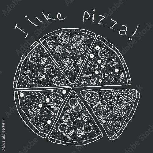 White chalk pizza on black chalkboard