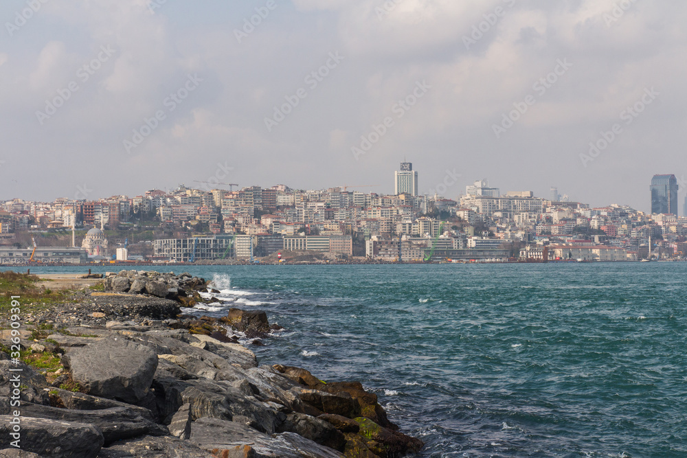 View of the Bosphorus and Istanbul's Besiktas district on a sunny day. Turkey