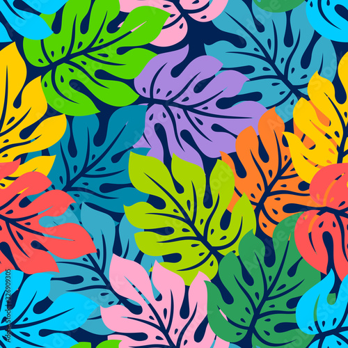 summer seamless pattern with colorful monstera palm leaves