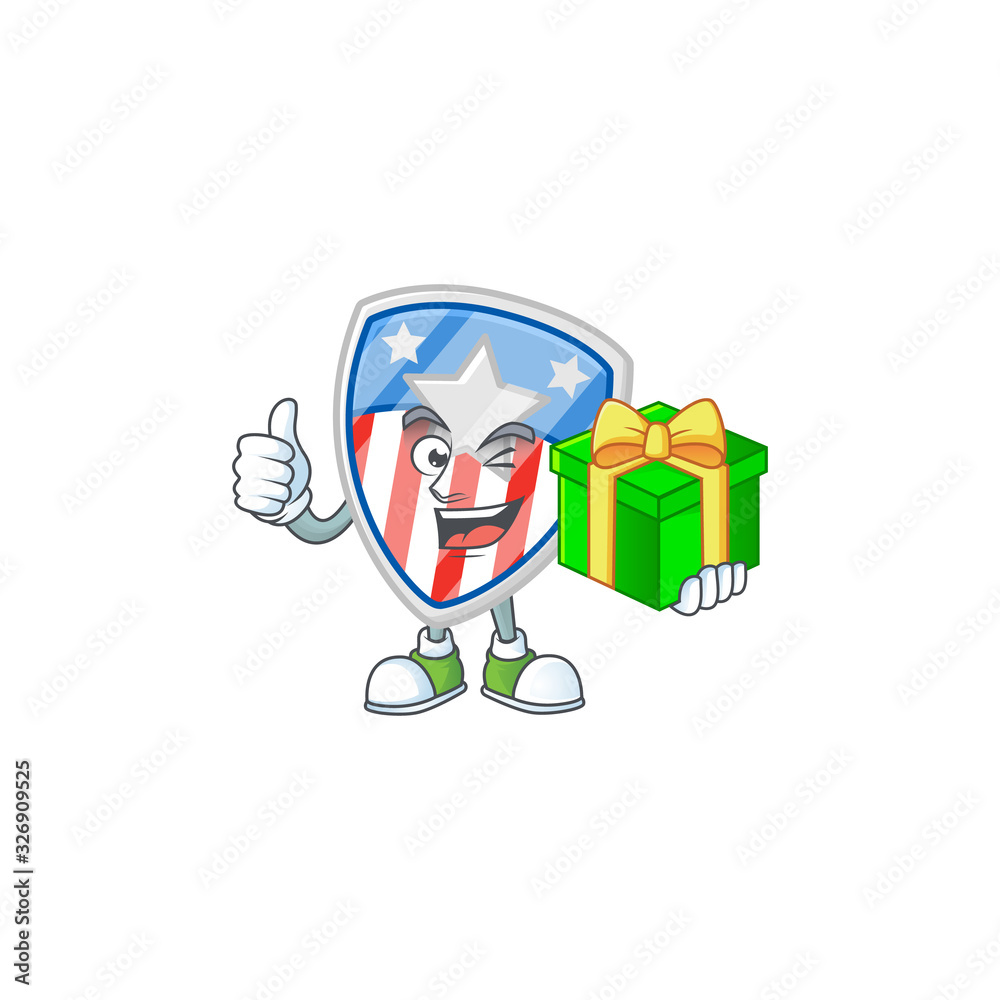 Cute shield badges USA with star character holding a gift box