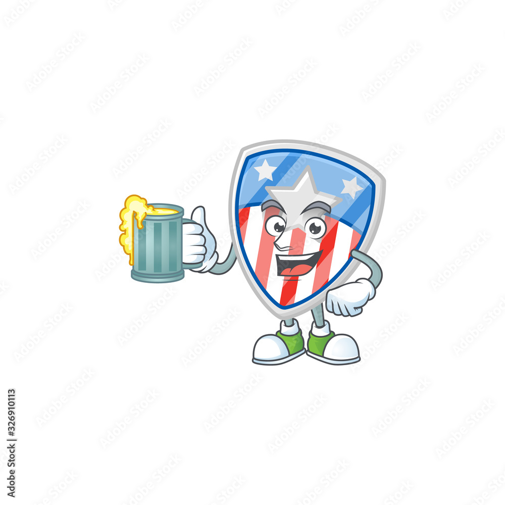 Smiley shield badges USA with star mascot design holding a glass of beer