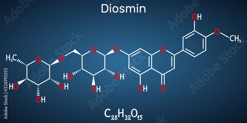 Diosmin, C28H32O15, flavonoid molecule. It is flavone glycoside of diosmetin, semisynthetic drug for the treatment of venous disease photo