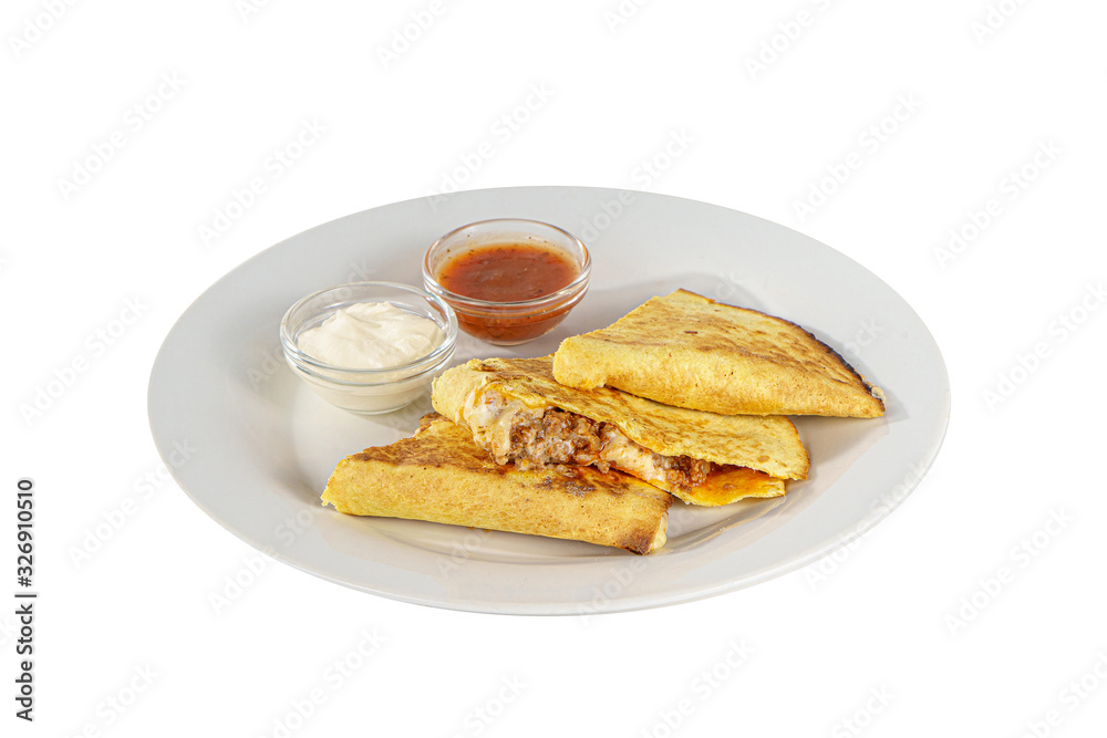 Quesadilla with minced meat and cheese, 3 slices, two sauces from tomatoes and sour cream, isolated white background, Side view