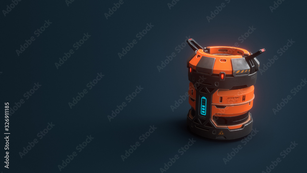Fototapeta premium Science fiction military barrel with orange color. Concept art storage container for science fiction equipment. 3d rendering of a barrel on blue background.