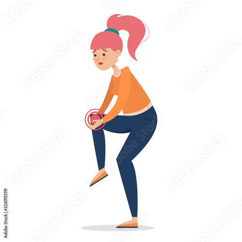 Woman feel knee pain vector isolated. Painful joint