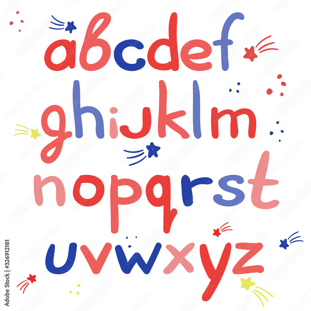 hand-drawn English alphabet. Cartoon isolated colored letters.