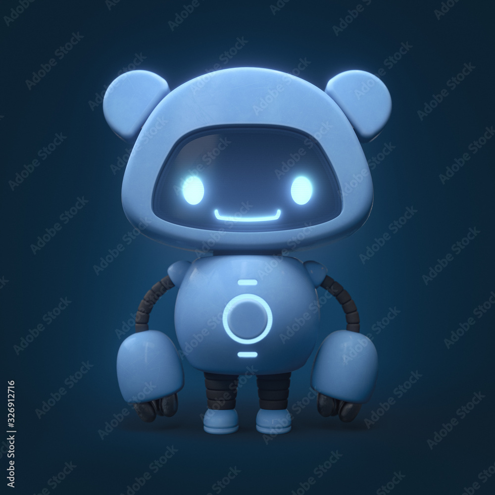 Little cute blue robot with bear ears. Friendly kawaii bot with glowing smiling face on the screen. Lovely Robotic Toy. Concept art funny personal assistant robot. 3d illustration on blue background.