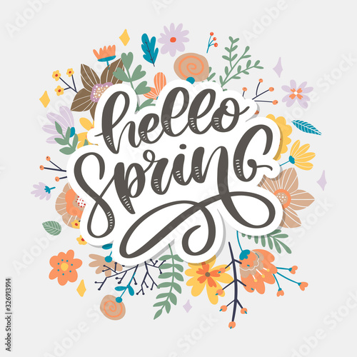 Hello Spring - Hand drawn inspiration quote. Vector typography design element. Spring lettering poster. Good for t-shirts, prints, cards, banners.