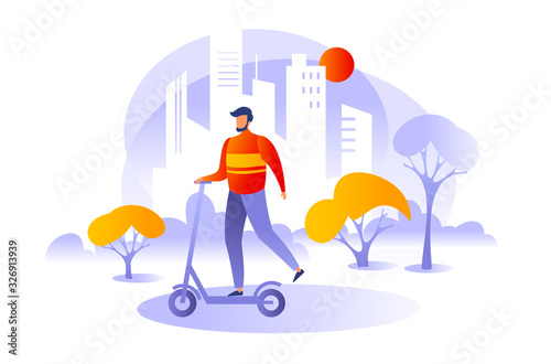 A young man rides a scooter in a Park outside the city. Vector illustration, design concept of active recreation. A hipster man on a Kick scooter. Flat style web banner, advertising.