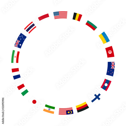 A lot of flags of sovereign states arranged in round frame on a white background