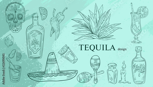 Vector Mexican set of objects associated with this country: tequila bottles, shots, agave, sombrero, cocktails, maracas in engraving style on blue background.