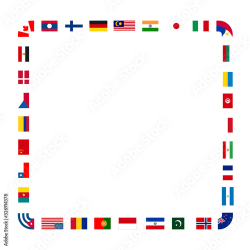 A lot of flags of sovereign states arranged in square frame on a white background