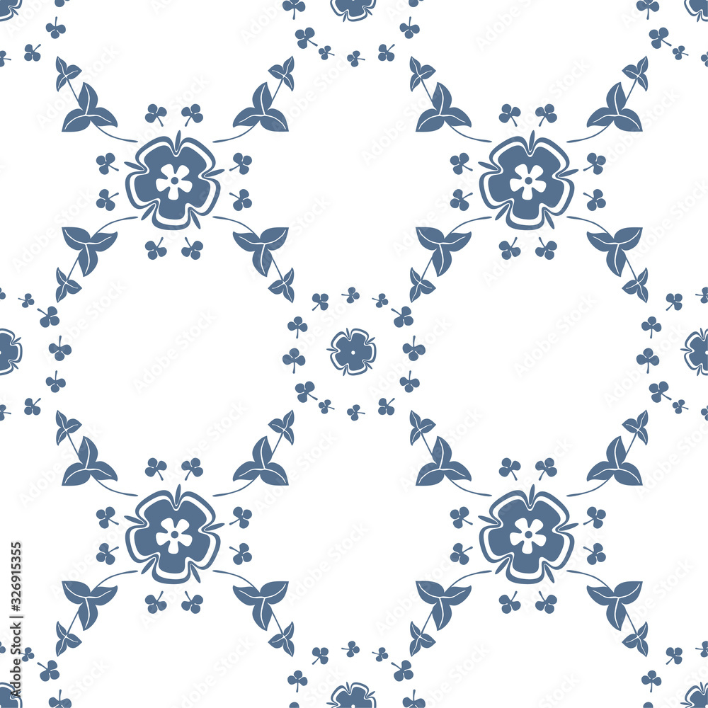 Wildflowers and leaves. Stylized vector seamless blue pattern on a white background.