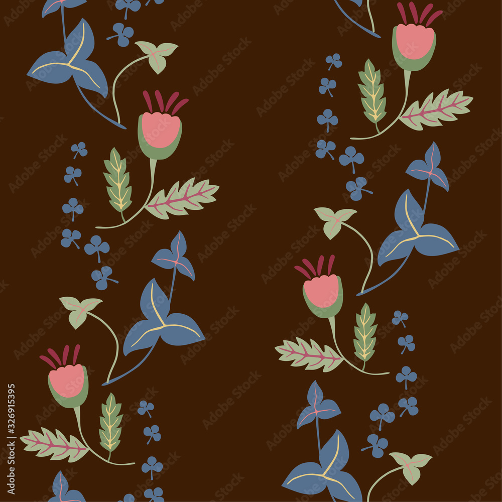 Fototapeta premium Stylized wildflowers and leaves. Vertical vector seamless color ornament on a dark background.