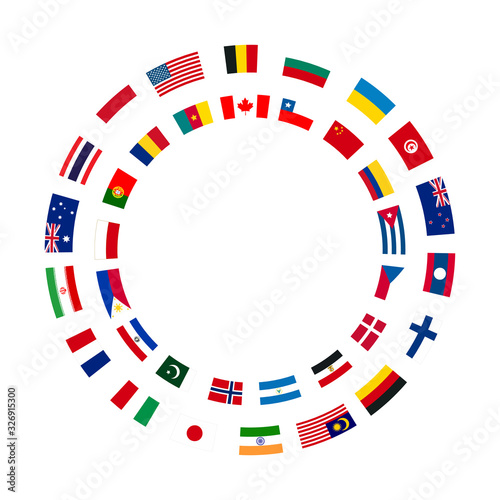 A lot of flags of sovereign states arranged in two circles on a white background