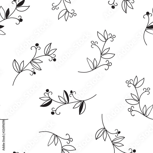 Sprigs with leaves and berries. Seamless vector elegant two-tone pattern. © Шевалдина Елена