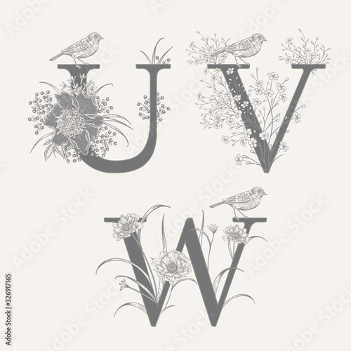 Set of decorations with letters U V W, decorative herbs, peonies flowers and birds.