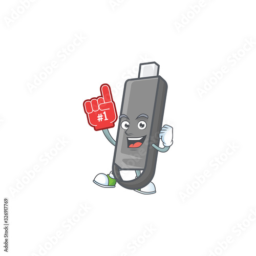 A cartoon design of flashdisk holding a Foam finger