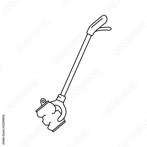 Picking up garbage stick. Linear icon of litter picker gripper and crushed can. Black simple illustration of Long-reach grabber. Contour isolated vector on white background. Symbol of trash removal