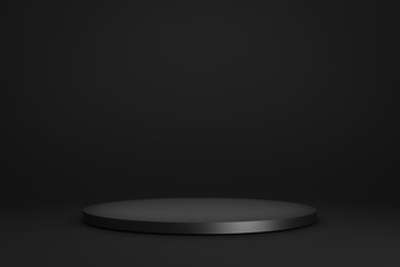 Black podium or pedestal display on dark background with cylinder stand concept. Blank product shelf standing backdrop. 3D rendering.