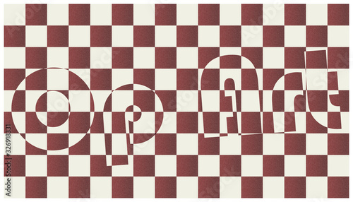 Geometric minimalist contemporary artwork. Op Art insciption on the checkered pattern background/texture, Op art style (optical art style). Brown flat design. Large size. 