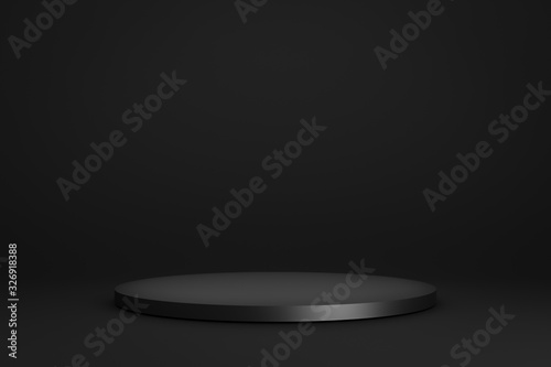 Black podium or pedestal display on dark background with cylinder stand concept. Blank product shelf standing backdrop. 3D rendering.