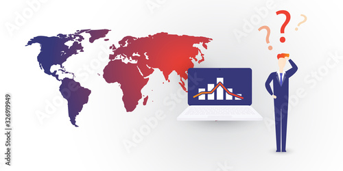 Global Economic Downfall Caused By the Coronavirus - Design Concept with World Map, Bar Chart on a Laoptop Computer Screen with Uncertain Businessman