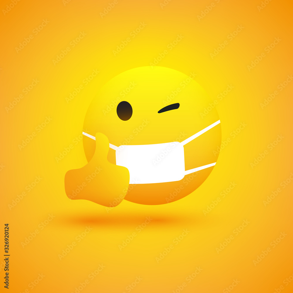 Emoji - Simple Emoticon with Winking Eye, Showing Thumbs Up and Wearing Medical Mask - Vector Design on Yellow Background Emoji - Simple Emoticon with Winking Eye, Showing Thumbs Up and Wearing Medical Mask - Vector Design on Yellow Background