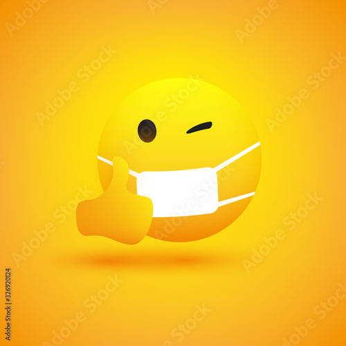 Emoji - Simple Emoticon with Winking Eye, Showing Thumbs Up and Wearing Medical Mask - Vector Design on Yellow Background