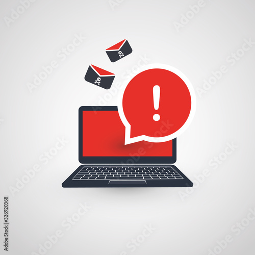 Laptop and Envelopes - Malware Attack Warning, Infection by E-mail - Virus, Backdoor, Ransomware, Fraud, Spam, Phishing, Email Scam, Hacked Computer - IT Security Concept Design, Vector Illustration