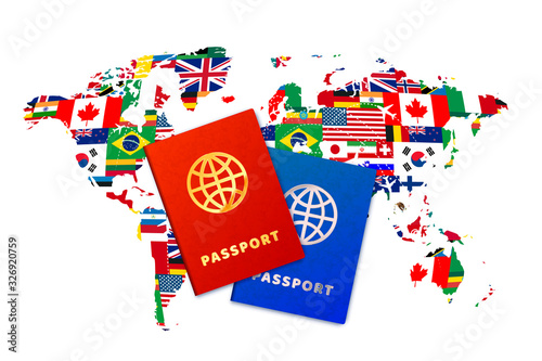 Couple bright passports on world map with flags of sovereign states on a white background