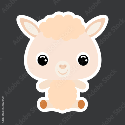 Children's sticker of cute little sitting alpaca. Domestic animal. Flat vector stock illustration
