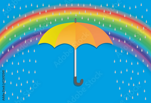 Vector illustration, yellow, orange umbrella and raindrops and rainbow on nice blue background.