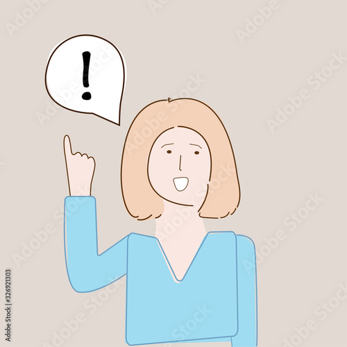 Cloud thought with an exclamation mark. Vector in the style of a cartoon. The girl got an idea. Excited woman