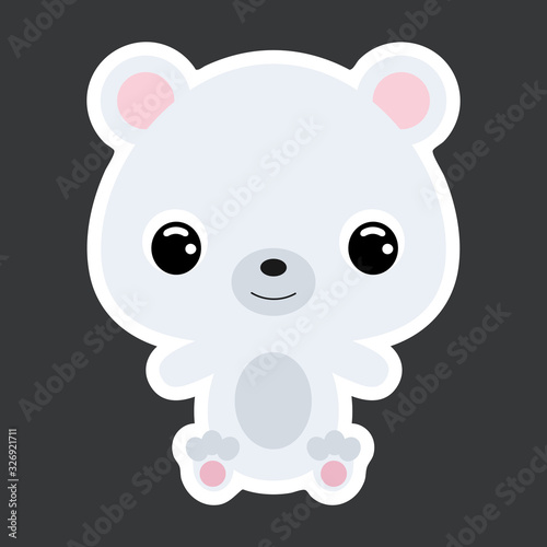 Children s sticker of cute little sitting polar bear. Wild animal. Flat vector stock illustration